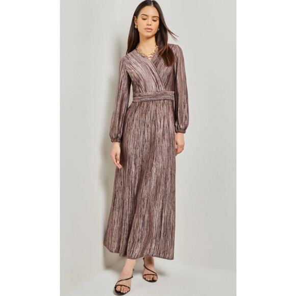 Misook Bishop Sleeve Jacquard Knit Maxi Dress V-Neck Balloon Long Sleeve Midi